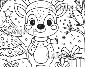 Reindeer Christmas coloring page, cute Christmas coloring sheet, holiday coloring PNG, kids Christmas activity, digital download printable