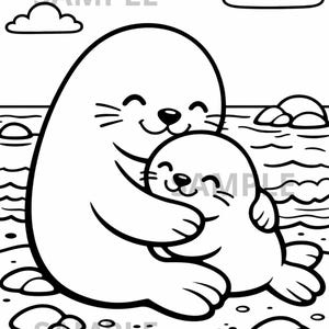 Puede incluir: Ilustración en blanco y negro de dos focas sonriendo y abrazándose. La foca más grande abraza a una más pequeña, ambas con los ojos cerrados y caras sonrientes. El fondo presenta nubes, agua y rocas. La palabra "SAMPLE" está impresa en la imagen.