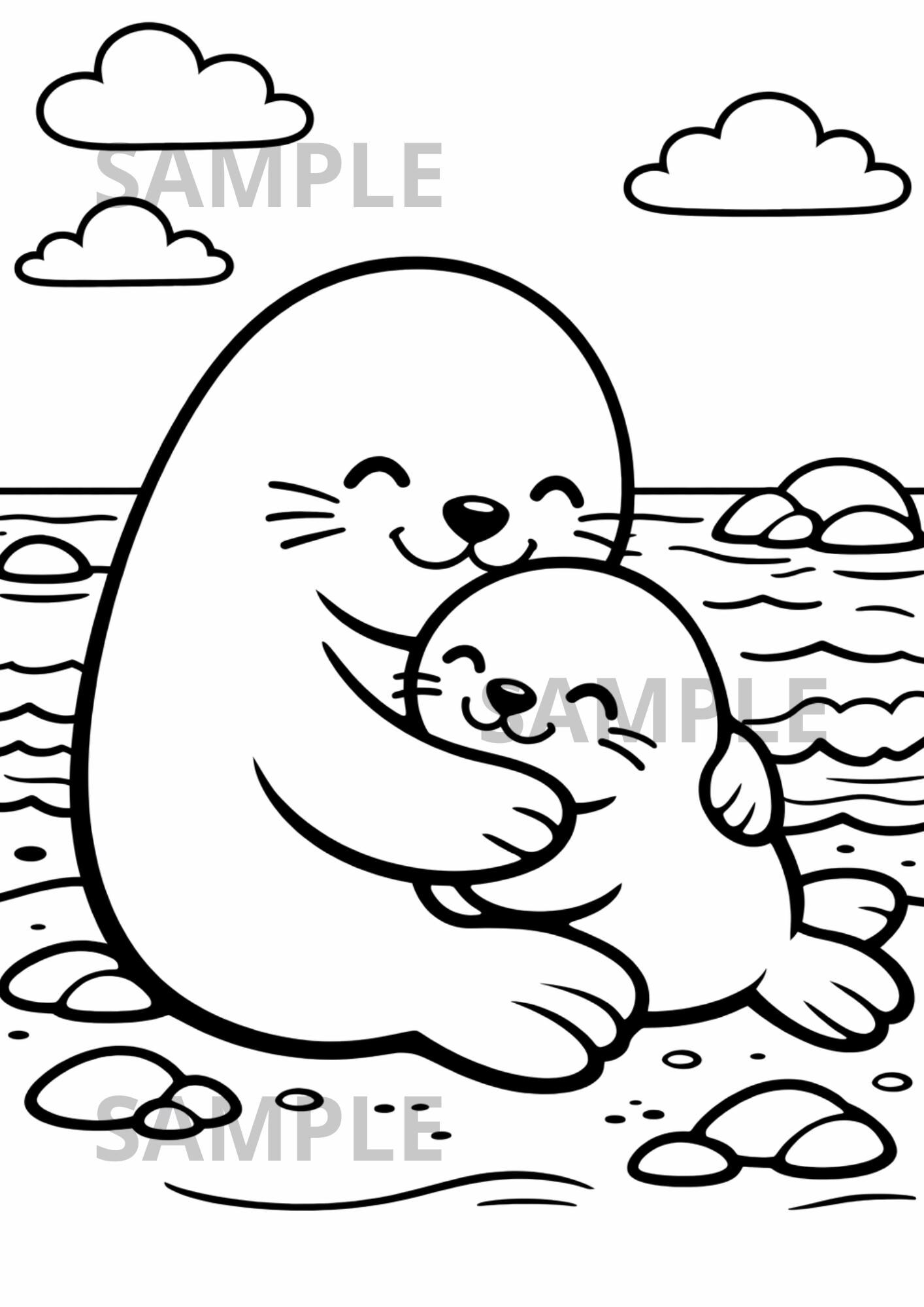 Mama Seal Hugging Baby Seal, Kids Coloring Page, Printable, A4, US ...