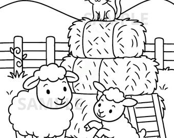 Farm Animal Coloring Page PNG, Sheep and Cat Haystack Scene, Baby Lamb Coloring Sheet, Animals Printable, Kids Activity Digital Download