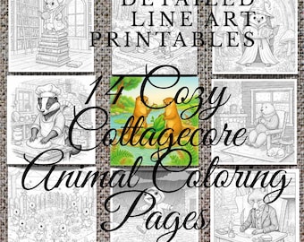 Detailed Line Art Coloring Book, Cottagecore Animal Coloring Pages, Whimsical Storybook Coloring Sheets, Cozy Printable Coloring Bundle