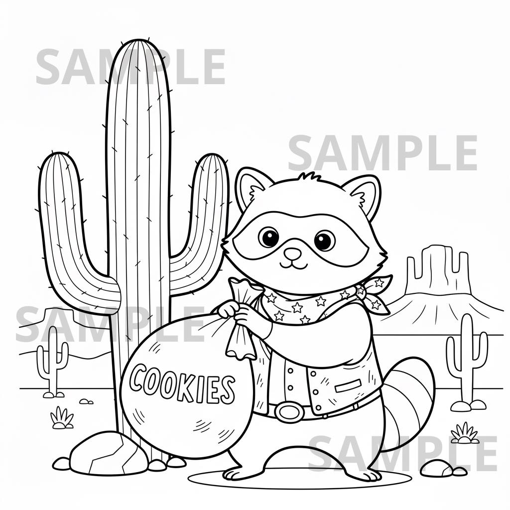 Cute Cowboy Raccoon Coloring Page, Desert Animal Line Art, Kids ...
