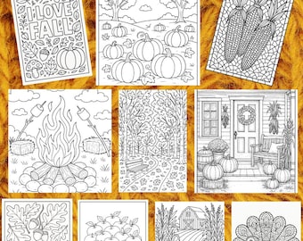 Fall Coloring Pages Bundle, Autumn Printable Art, Cozy Farmhouse Decor, Kids and Adults Relaxation, Thanksgiving Activity, Instant Download