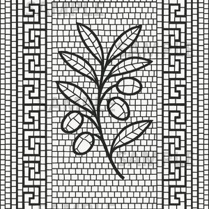 May include: Black and white mosaic tile design featuring an olive branch with olives and leaves. The design is framed by a border with geometric patterns and floral accents, creating a classic, decorative look.