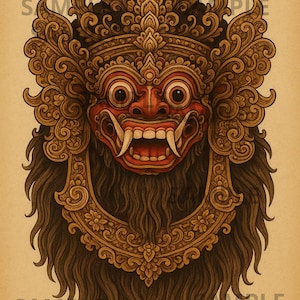 Balinese Barong Mask Wall Art, Traditional Bali Mythical Creature Digital Download, Intricate Cultural Mask Illustration, Home Decor 300 DPI