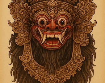 Balinese Barong Mask Wall Art, Traditional Bali Mythical Creature Digital Download, Intricate Cultural Mask Illustration, Home Decor 300 DPI