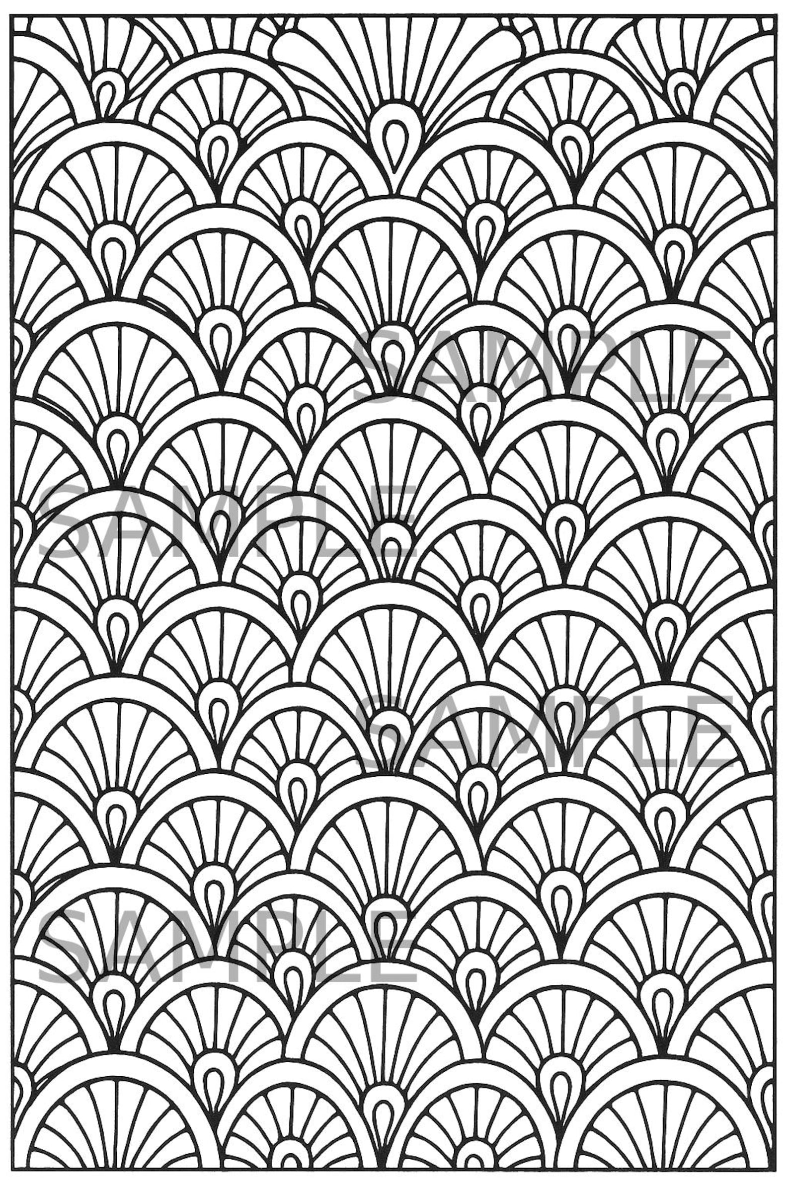 Zen Fan Pattern Coloring Page, Art Deco Inspired Repeating Design ...