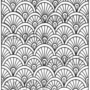 May include: A black and white art deco pattern. The design features a repeating fan-like motif with curved lines and teardrop shapes, creating a symmetrical and visually appealing design. Suitable for colouring.