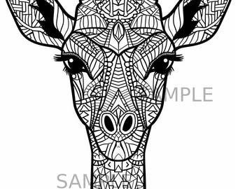 Giraffe Coloring Page for Adult & Teen, Mandala Animal Art Printable, Intricate Zentangle Giraffe Design, Stress Relief Coloring, PNG Format