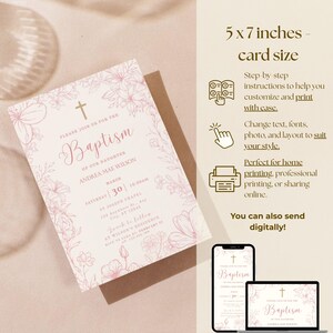 May include: A baptism invitation card with a floral design in pink. The card includes the text "Please join us for the Baptism of our daughter Andrea Mae Wilson" and event details. The card size is 5 x 7 inches.