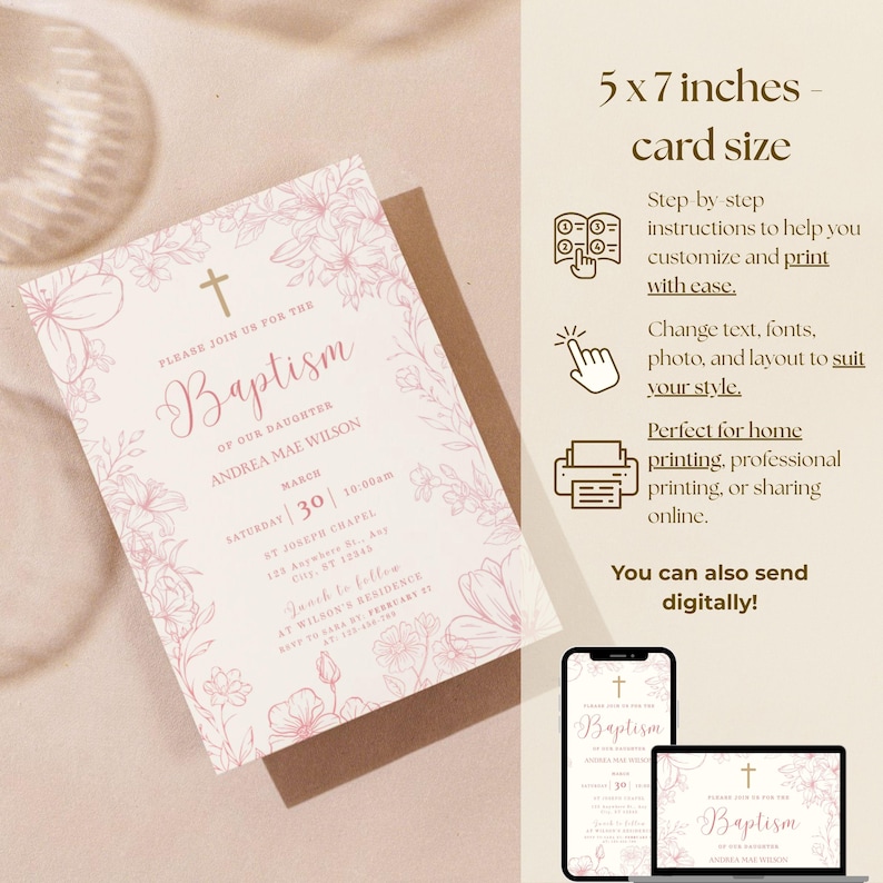 May include: A baptism invitation card with a floral design in pink. The card includes the text "Please join us for the Baptism of our daughter Andrea Mae Wilson" and event details. The card size is 5 x 7 inches.
