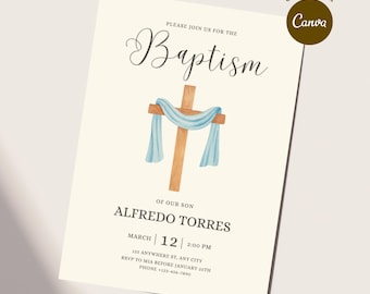 Baby Boy Baptism Invite Template Blue Cross Baptism Invitation Christening Invitation Boys Christening Evite Modern Christening Invitation