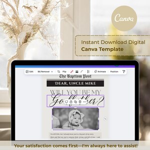 May include: A laptop screen displays a Canva template for a baptism invitation. The text reads "DEAR, UNCLE MIKE, WILL YOU BE MY Godparent?" with a black and white photo of a baby. The image also includes the text "Instant Download Digital Canva Template."
