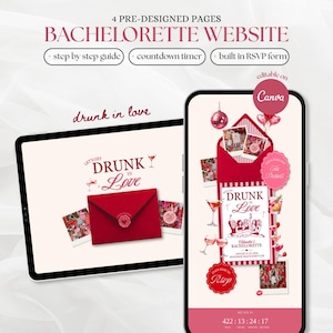 May include: A digital bachelorette website template featuring four pre-designed pages, a countdown timer, and an RSVP form. The design includes red and pink color schemes, cocktail illustrations, and text reading "Drunk in Love" and "Canva".