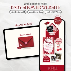 May include: A digital baby shower website template featuring a red and white cherry theme. The design includes a tablet and smartphone display showing an invitation with a red envelope, a countdown timer, RSVP form, and editable text on Canva.