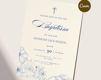 Plantilla de invitación de bautizo con flores vintage azules, tarjeta Evite para bautizo de niño, invitación de bautizo de bebé niño coqueta, plantilla de invitación de bautizo