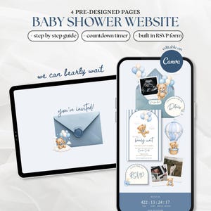 Puede incluir: Una plantilla de sitio web para baby shower con cuatro páginas prediseñadas, un temporizador de cuenta regresiva y un formulario RSVP. El diseño incluye sobres azules, ositos de peluche, globos y el texto 4 PRE-DESIGNED PAGES, BABY SHOWER WEBSITE, we can bearly wait.