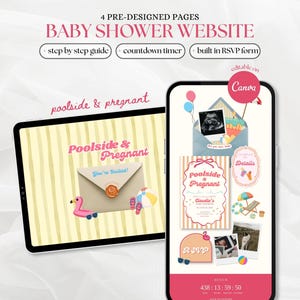 May include: A digital baby shower website template displayed on a tablet and smartphone. The design features a yellow striped background, a wax-sealed envelope, a pink flamingo, and beach-themed graphics. Text includes Poolside & Pregnant, RSVP, and a countdown timer. The template is editable on Canva.
