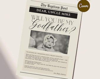 Godfather Proposal Card Template Will You Be My Padrino Newspaper Proposal Photo Printable Card Editable Baptism Godparent Proposal Card