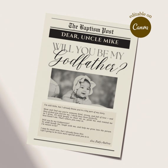 Godfather Proposal Card Template Will You Be My Padrino Newspaper Proposal Photo Printable Card Editable Baptism Godparent Proposal Card