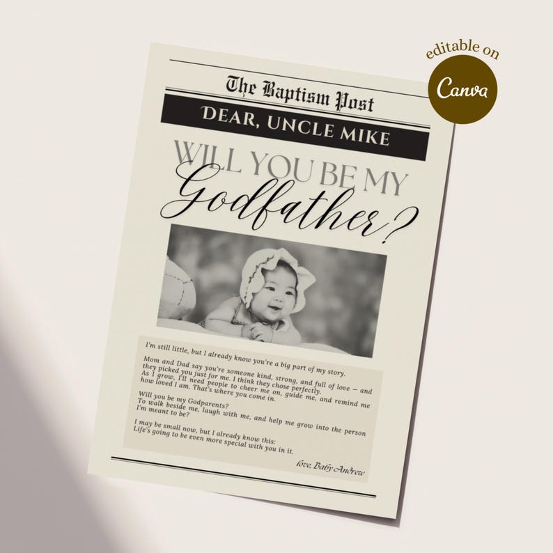 godfather proposal, will you be my padrino, godparent proposal card, baptism godfather card, printable godparent proposal, editable baptism card, christening gift, catholic baptism card, digital godparent proposal, newspaper godparent card