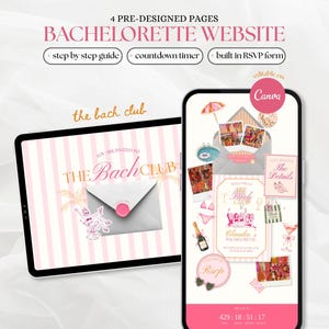 Op de afbeelding: Een digitale website-sjabloon voor een vrijgezellenfeest op een tablet en smartphone, met roze gestreepte achtergronden, een envelop-icoon en tekst zoals 4 PRE-DESIGNED PAGES BACHELORETTE WEBSITE, the bach club, editable on Canva.