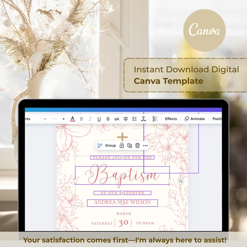 May include: A laptop screen displays a digital Canva template for a baptism invitation. The design features floral illustrations in soft pink, with text that reads "Baptism" and event details. The Canva logo and text "Instant Download Digital Canva Template" are also visible.