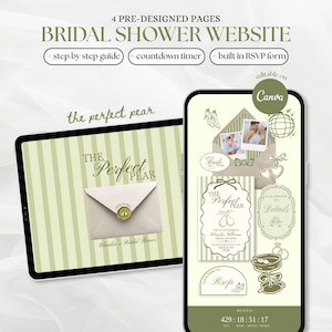 May include: A digital bridal shower website template displayed on a tablet and smartphone. The design features sage green stripes, a wax-sealed envelope graphic, and text reading The Perfect Pear. Includes a countdown timer and RSVP form.