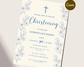 Editable Baptism Invitation Template Simple Blue Floral Boy Christening Evite Card Coquette Baby Boy Baptism Christening Invitation Template