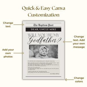May include: A customizable newspaper-style announcement with the headline "Will You Be My Godfather?" in elegant script. The design includes a black and white photo, text fields, and instructions to change text, add photos, and change colors.