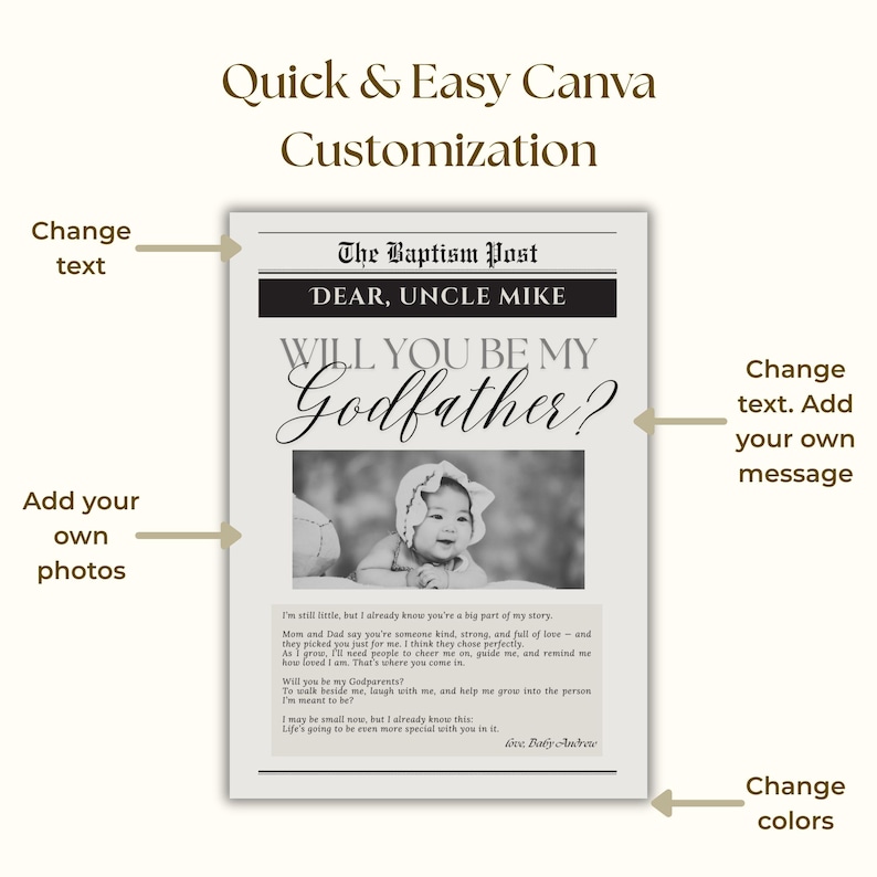 May include: A customizable newspaper-style announcement with the headline "Will You Be My Godfather?" in elegant script. The design includes a black and white photo, text fields, and instructions to change text, add photos, and change colors.