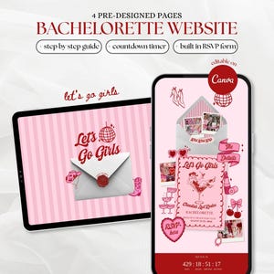 May include: A digital bachelorette website template featuring four pre-designed pages, a countdown timer, and an RSVP form. The design uses a pink and red color palette with graphics of cowboy boots, hats, disco balls, and envelopes on a tablet and phone.