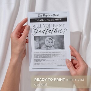 May include: A black and white newspaper-style print with the headline "The Baptism Post" and the text "Will You Be My Godfather?" A photo of a baby is in the center. The bottom of the print reads "READY TO PRINT minimalist design!"