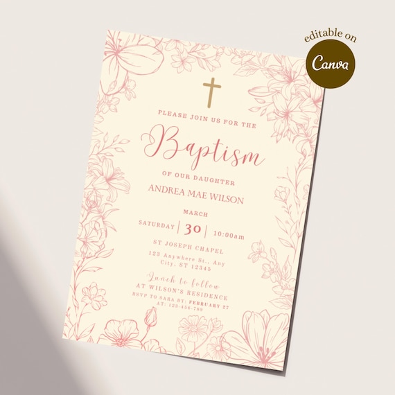 Pink Baptism Invitation Template Vintage Floral Baptism Invitation Baby Girl Pink Flower Invite Coquette Christening Invite Baptismal Evite