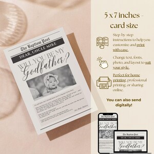 May include: A baptism announcement card, 5 x 7 inches, with a newspaper theme. The headline reads "WILL YOU BE MY Godfather?" with a photo of a baby. The card includes instructions for customization and printing.