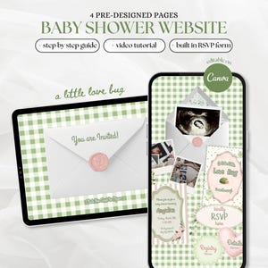 May include: A digital baby shower website template featuring four pre-designed pages with a green gingham background. The interface includes a step-by-step guide, video tutorial, and built-in RSVP form, with text elements like You are Invited and a little love bug.
