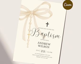 Invitación de bautismo editable, plantilla simple y coqueta, invitación de bautismo con lazo blanco y perlas, plantilla de Evite para bautizo coqueta