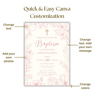 Pink Baptism Invitation Template Vintage Floral Baptism Invitation Baby Girl Pink Flower Invite Coquette Christening Invite Baptismal Evite image 5