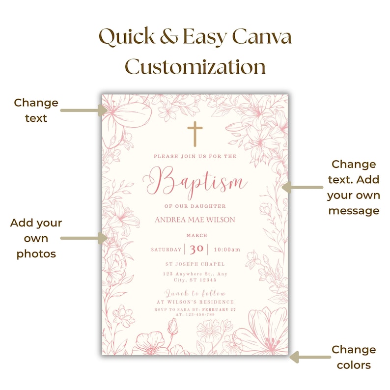 Pink Baptism Invitation Template Vintage Floral Baptism Invitation Baby Girl Pink Flower Invite Coquette Christening Invite Baptismal Evite image 5