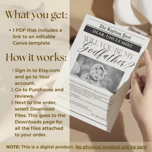 May include: A newspaper-style card with the headline "Will You Be My Godfather?" features a black and white baby photo. The card includes text: "The Baptism Post, Dear Uncle Mike." Instructions for downloading the digital product are also included.