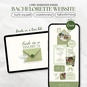 Op de afbeelding: Een digitale website-sjabloon voor een vrijgezellenfeest met vijf vooraf ontworpen pagina's, een afteltimer en een RSVP-formulier. Het ontwerp bevat saliegroene accenten, illustraties van martiniglazen en de tekst bride in a TINI BIT.