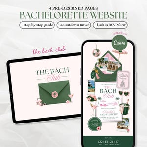 May include: A digital bachelorette website template displayed on a tablet and smartphone. The design features a green envelope with a wax seal, palm trees, cocktails, and the text THE BACH CLUB. Includes a countdown timer and RSVP form.