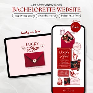 May include: A digital bachelorette website template displayed on a tablet and smartphone. The design features a red and white color scheme with casino-themed graphics, including playing cards, poker chips, and a red envelope with a wax seal.