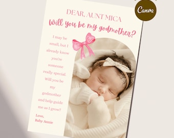 Godmother Proposal Card Template Will You Be My Madrina Pink Bow Proposal Photo Printable Coquette Ribbon Card Baptism Godparent Proposal