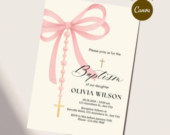 Invitación de bautizo para niña, editable, coqueta, con lazo rosa y perlas, plantilla de invitación de bautizo para niña, plantilla de Evite para bautizo.