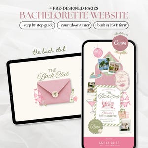 May include: A digital bachelorette website template displayed on a tablet and smartphone. The design features pink envelopes, bikinis, cocktails, and disco balls with text including The Bach Club, Claudia's Bachelorette, and a countdown timer.
