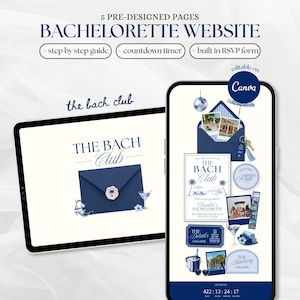 May include: A digital bachelorette website template displayed on a tablet and smartphone, featuring the text 'THE BACH CLUB', a navy blue envelope with a wax seal, cocktail illustrations, photo frames, and a countdown timer at the bottom.