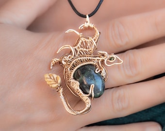 Wire Wrapped Dragon Pendant with Green Serpentine Stone – Handmade Fantasy Jewelry