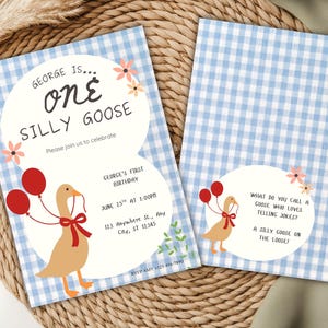 One Silly Goose Birthday Invitation, 1st Birthday Boy Blue Invite Printable, Goose 1st Birthday, Goose Invitation Template Daisy Gingham