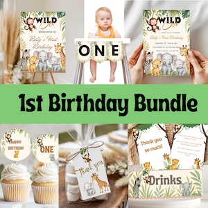 Wild One Birthday, Safari First Birthday Bundle, 1st Birthday Digital Invite, Jungle First Birthday Invitation, Jungle Animals Party
